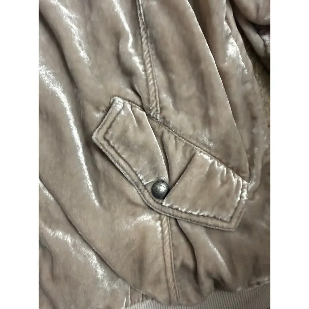 Free People Velvet Bomber Jacket Medium Ruched Champagne Sand Boho Luxe Festival